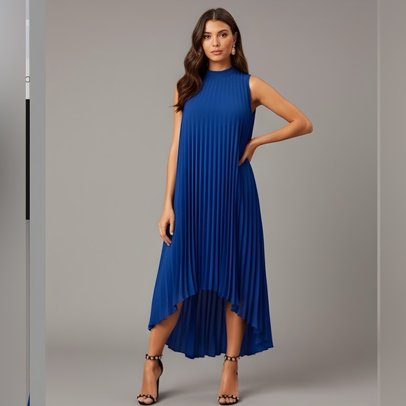 High Low Hem Pleated Swing Dress Blue - Picture 1 of 8
